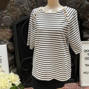 Ann Taylor pinstripe basic medium weight pull over size medium/gold buttons 🌎